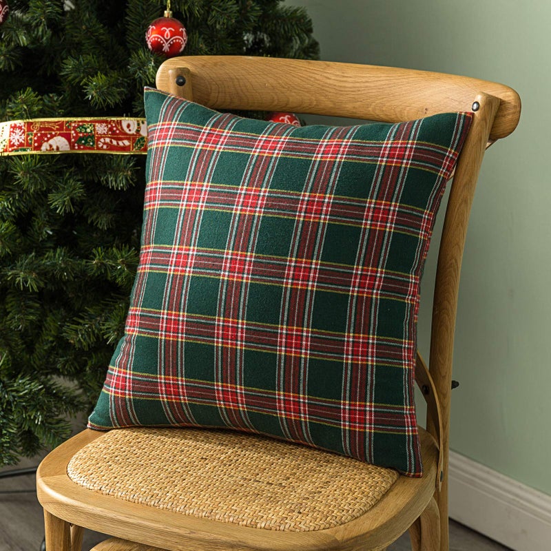 AQOTHES Pack of 2 Christmas Plaid Decorative Throw Pillow Covers Scottish Tartan Cushion Case for Farmhouse Home Holiday Decor Red and Green  18 x 18 Inches - Image 4